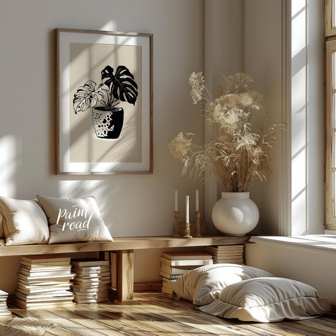 This elegant digital illustration features a Monstera plant in a stylized pot, rendered in a striki… for living room