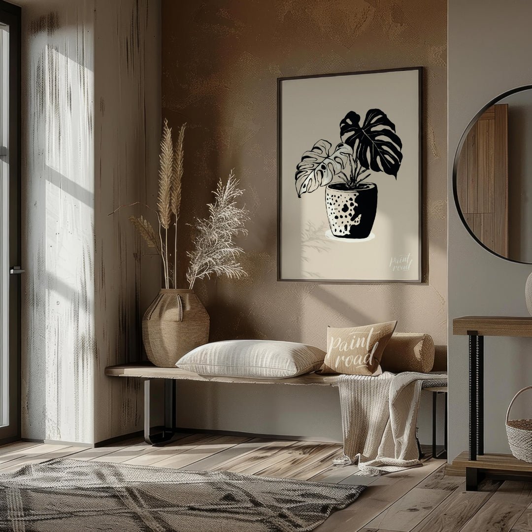 This elegant digital illustration features a Monstera plant in a stylized pot, rendered in a striki… for living room