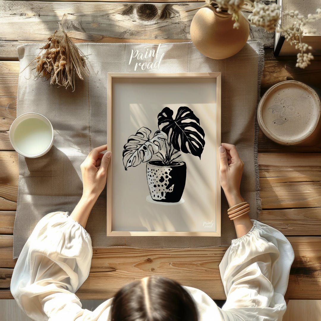 This elegant digital illustration features a Monstera plant in a stylized pot, rendered in a striki… for other