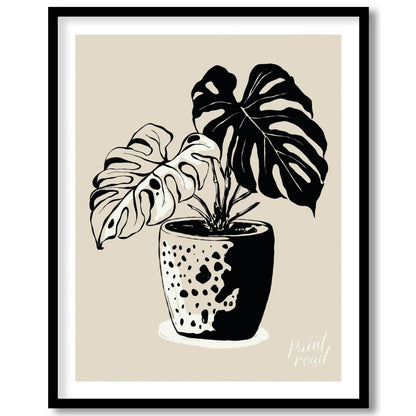 This elegant digital illustration features a Monstera plant in a stylized pot, rendered in a striki… for space