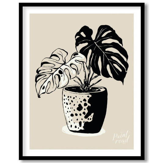 This elegant digital illustration features a Monstera plant in a stylized pot, rendered in a striki… for space