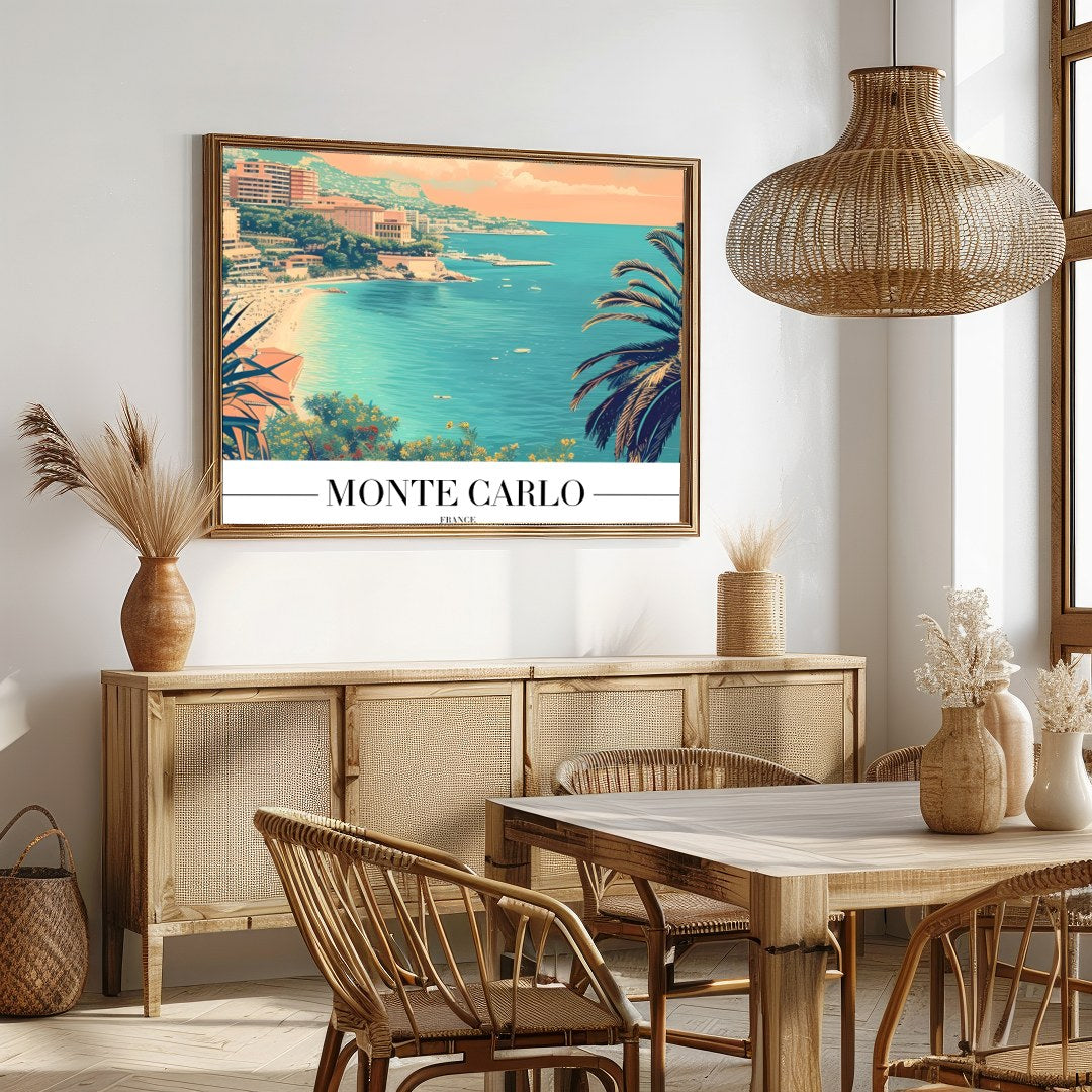 Immerse yourself in the timeless allure of Monte Carlo with this beautifully illustrated coastal for Dining