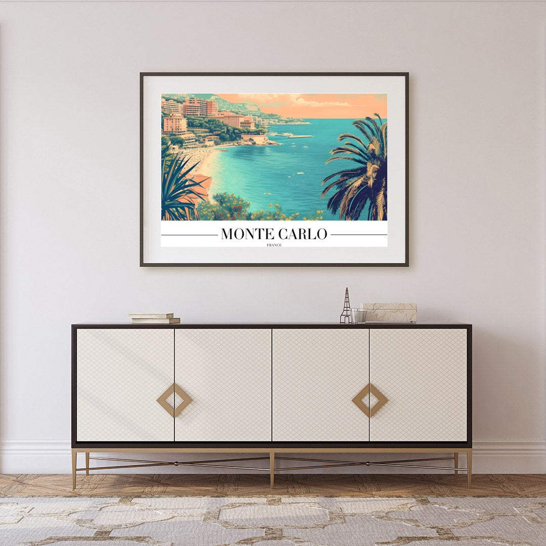 Immerse yourself in the timeless allure of Monte Carlo with this beautifully illustrated coastal for Foyer