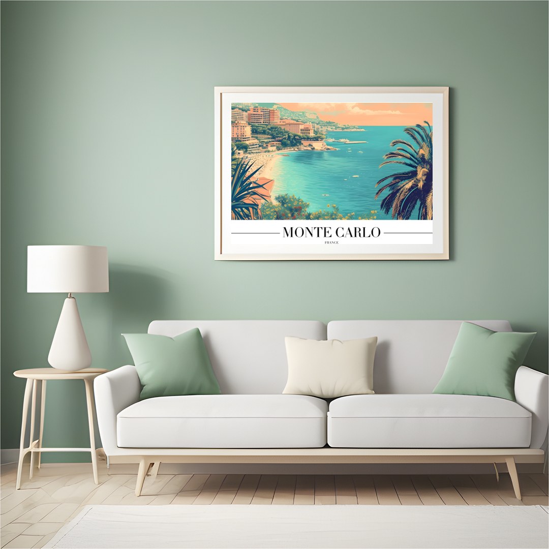 Immerse yourself in the timeless allure of Monte Carlo with this beautifully illustrated coastal for Hall