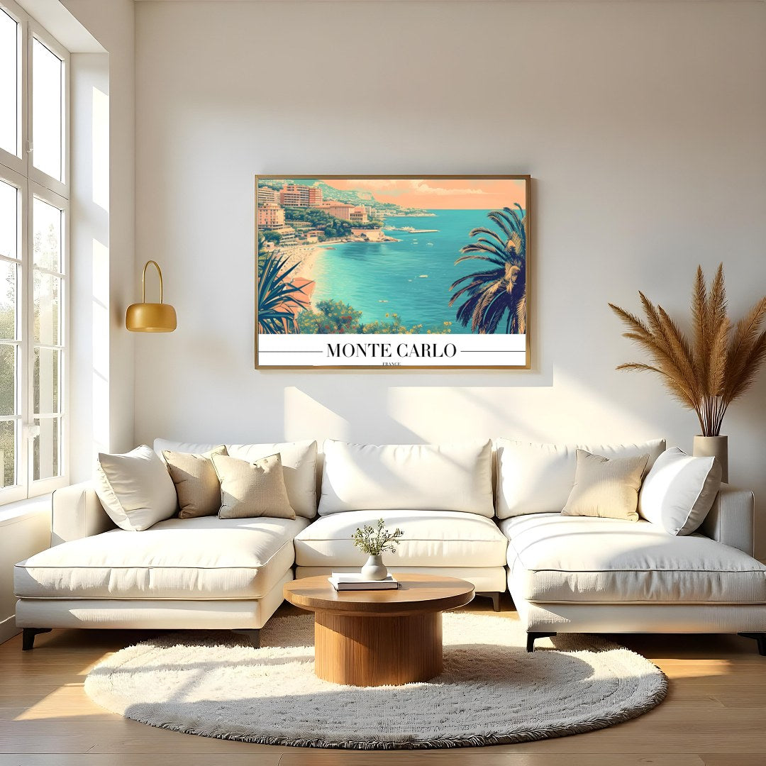 Immerse yourself in the timeless allure of Monte Carlo with this beautifully illustrated coastal for Living Room