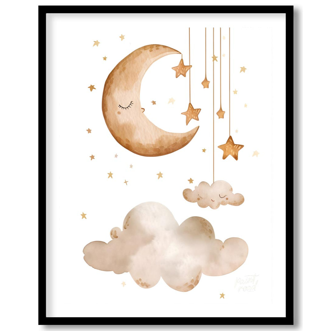 This serene and dreamy watercolor poster depicts a peaceful celestial scene, perfect for creating a… for area
