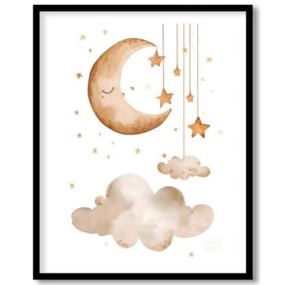 This serene and dreamy watercolor poster depicts a peaceful celestial scene, perfect for creating a… for area