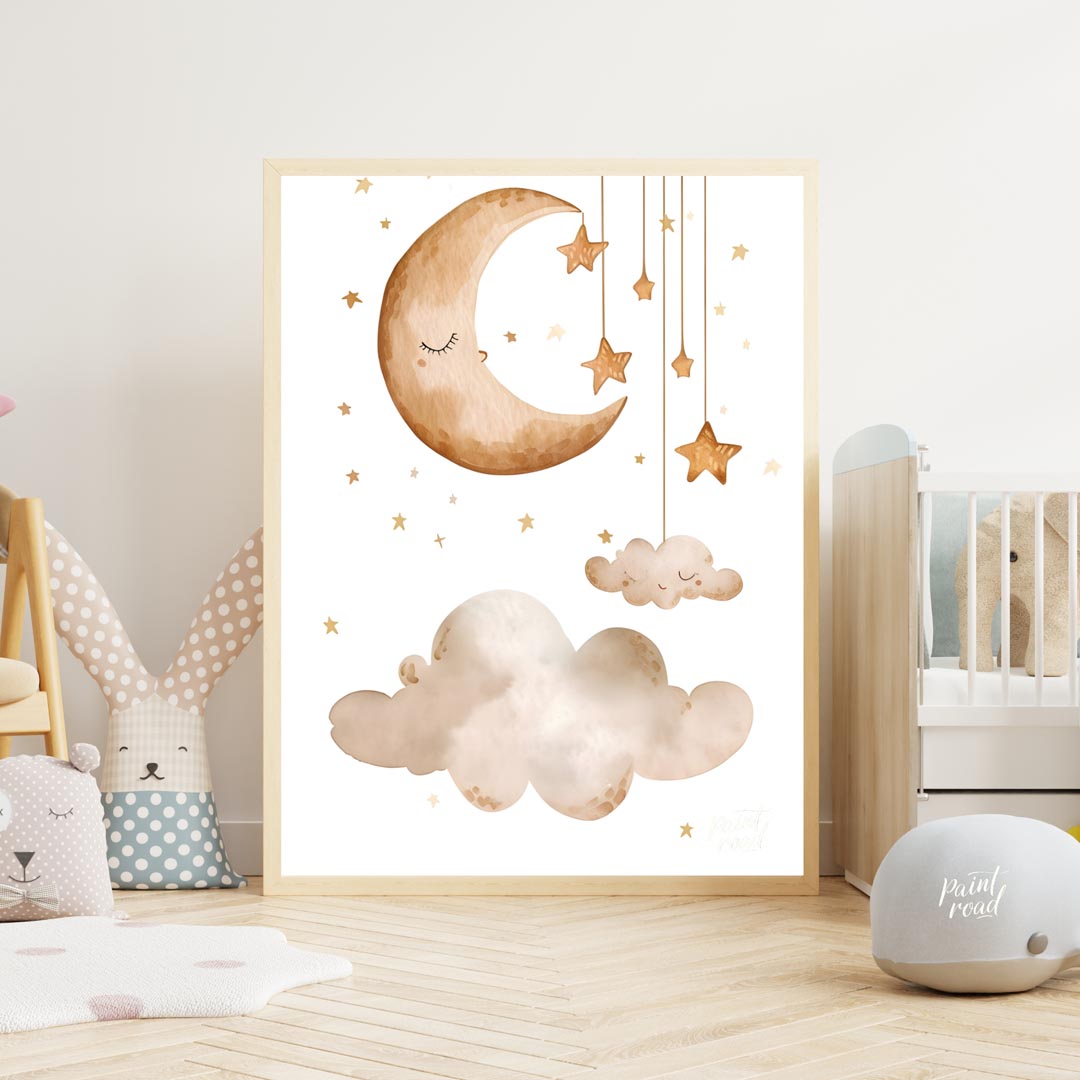 This serene and dreamy watercolor poster depicts a peaceful celestial scene, perfect for creating a… for nursery