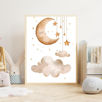 This serene and dreamy watercolor poster depicts a peaceful celestial scene, perfect for creating a… for nursery