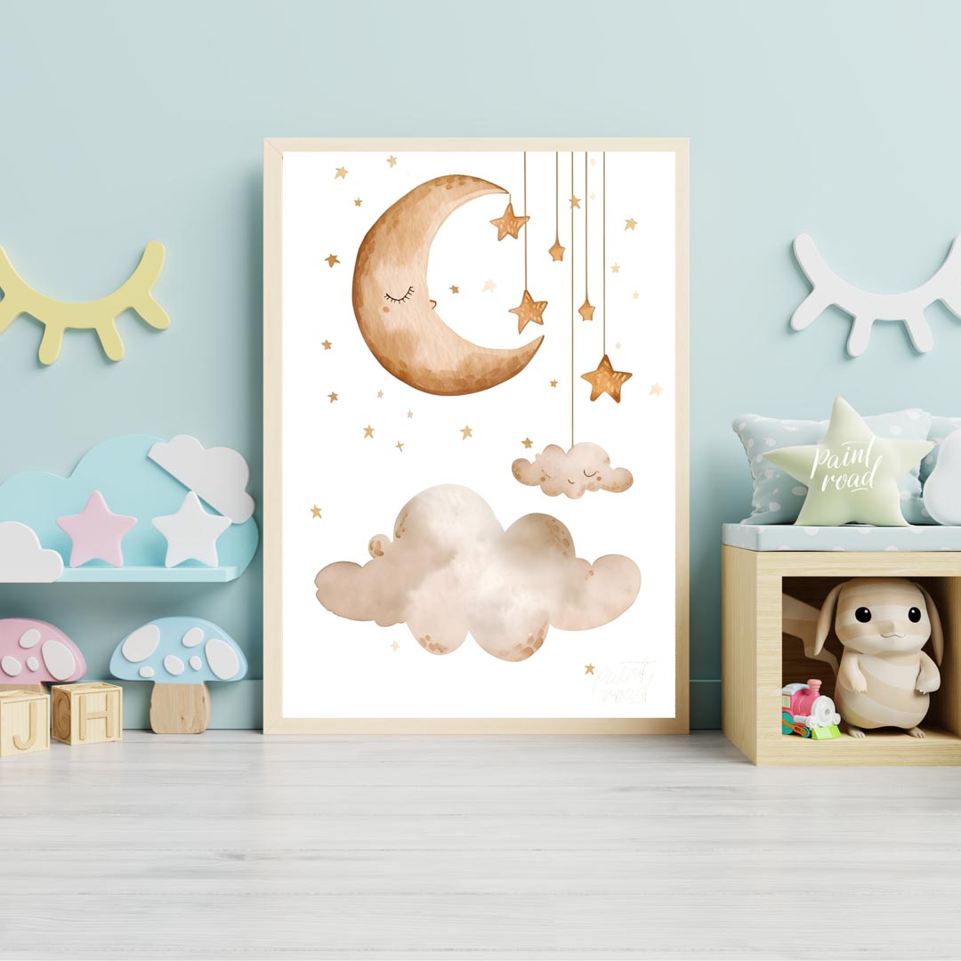 This serene and dreamy watercolor poster depicts a peaceful celestial scene, perfect for creating a… for nursery
