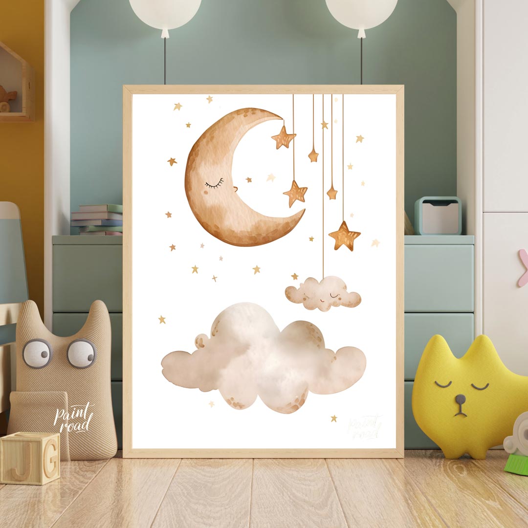 This serene and dreamy watercolor poster depicts a peaceful celestial scene, perfect for creating a… for nursery