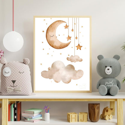 This serene and dreamy watercolor poster depicts a peaceful celestial scene, perfect for creating a… for nursery