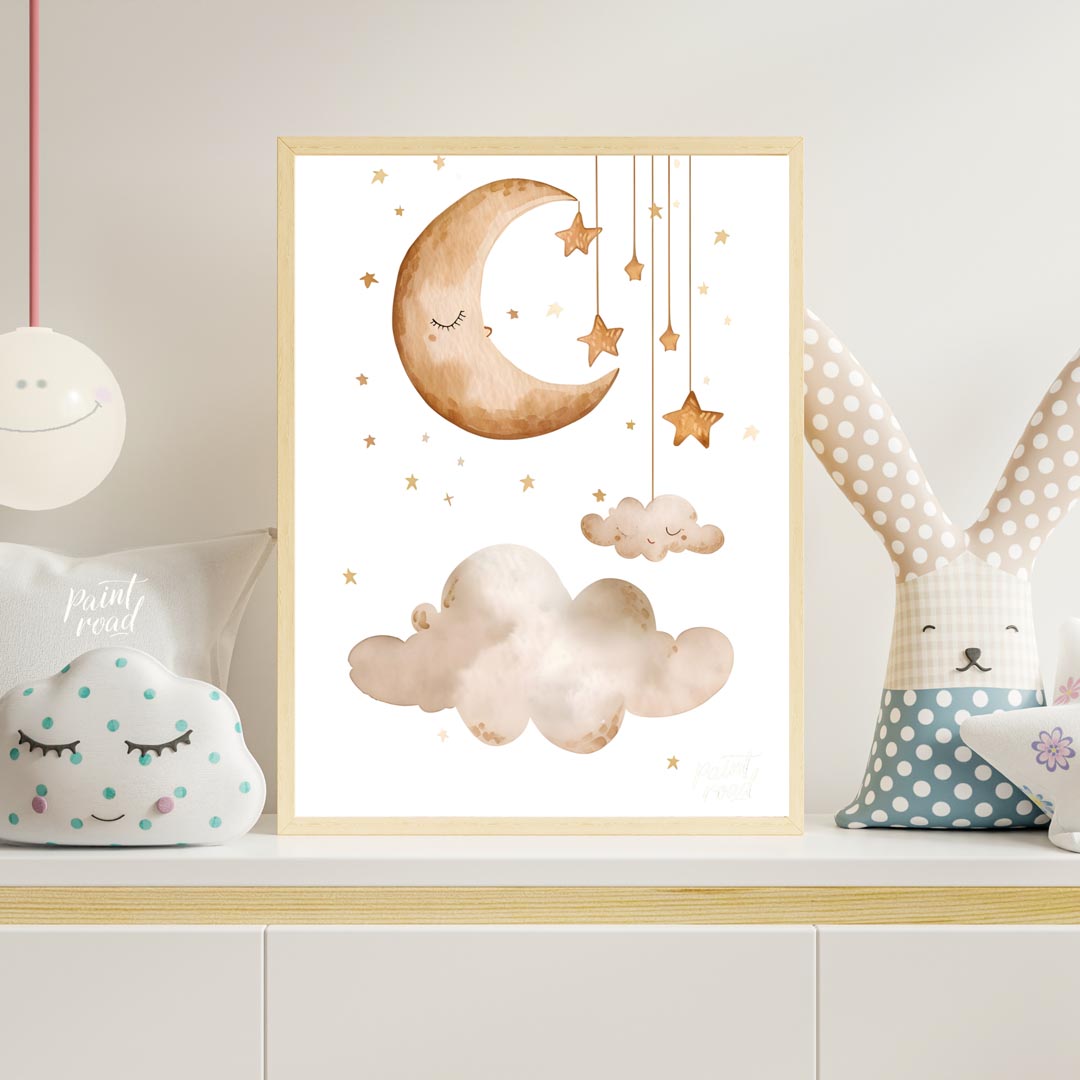This serene and dreamy watercolor poster depicts a peaceful celestial scene, perfect for creating a… for nursery