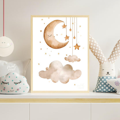 This serene and dreamy watercolor poster depicts a peaceful celestial scene, perfect for creating a… for nursery