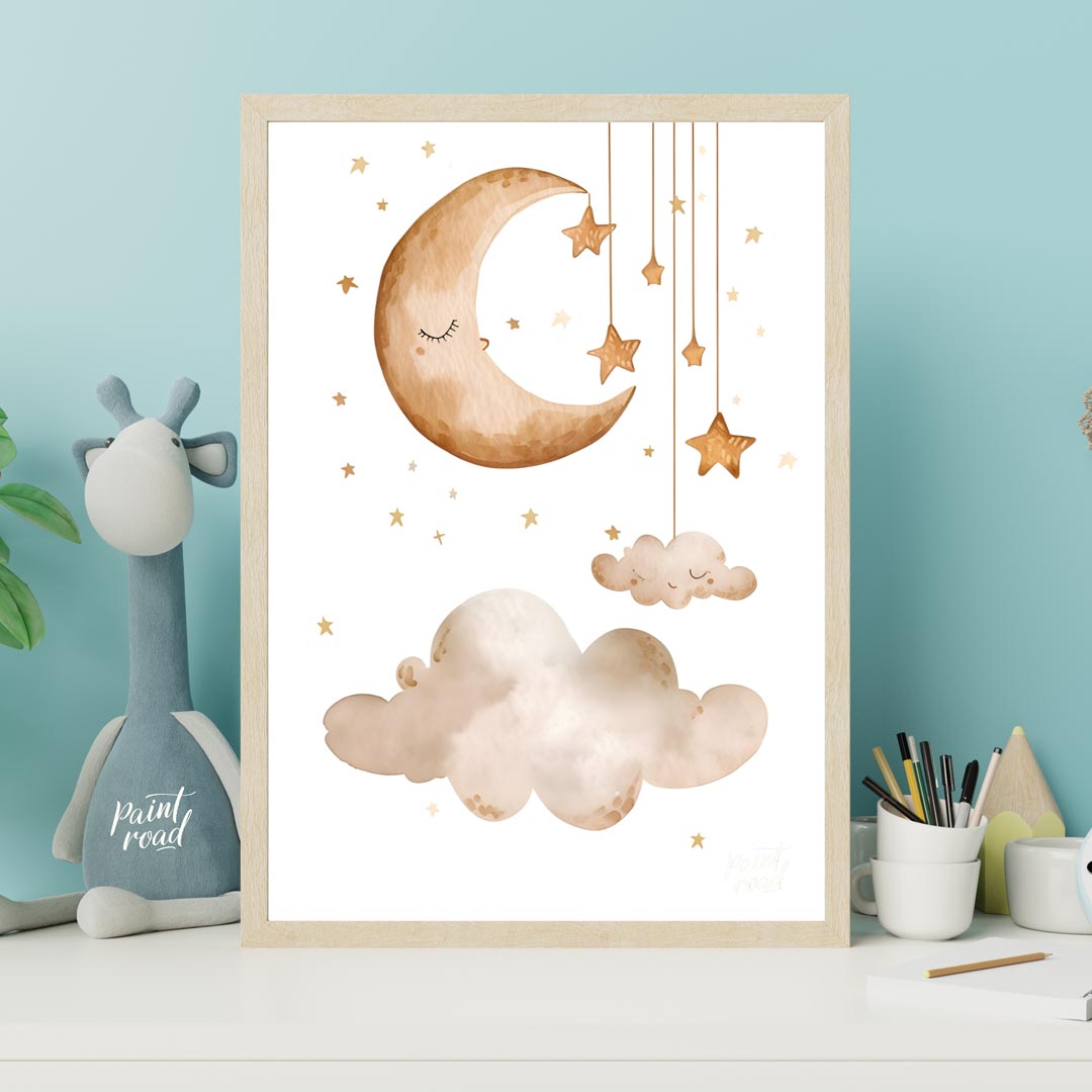 This serene and dreamy watercolor poster depicts a peaceful celestial scene, perfect for creating a… for nursery