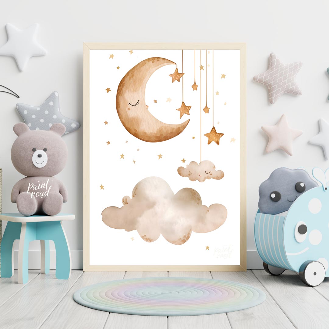 This serene and dreamy watercolor poster depicts a peaceful celestial scene, perfect for creating a… for nursery