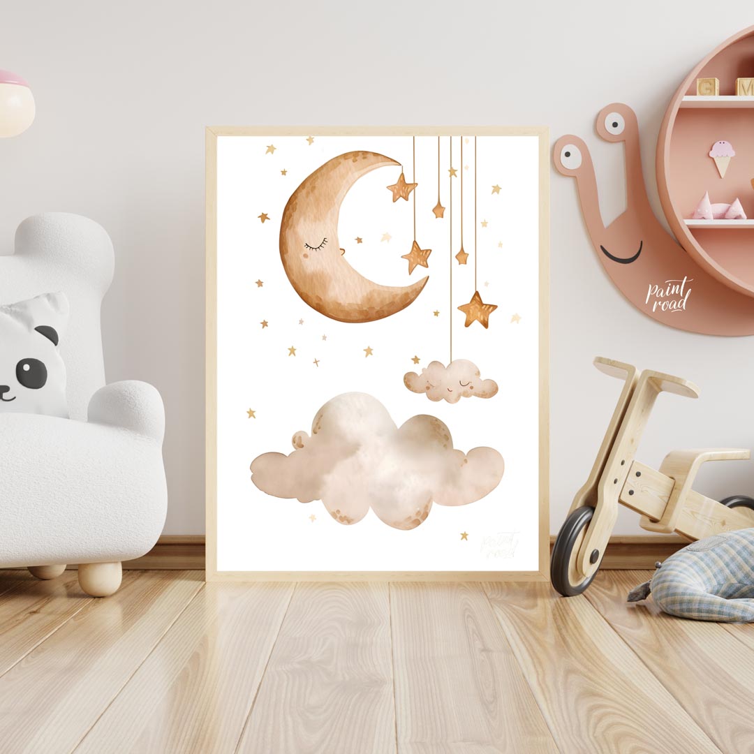This serene and dreamy watercolor poster depicts a peaceful celestial scene, perfect for creating a… for nursery