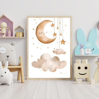 This serene and dreamy watercolor poster depicts a peaceful celestial scene, perfect for creating a… for nursery