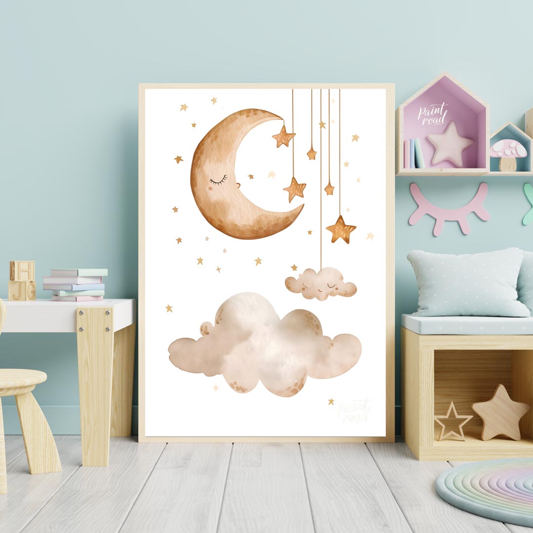 This serene and dreamy watercolor poster depicts a peaceful celestial scene, perfect for creating a… for nursery