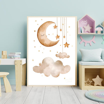 This serene and dreamy watercolor poster depicts a peaceful celestial scene, perfect for creating a… for nursery