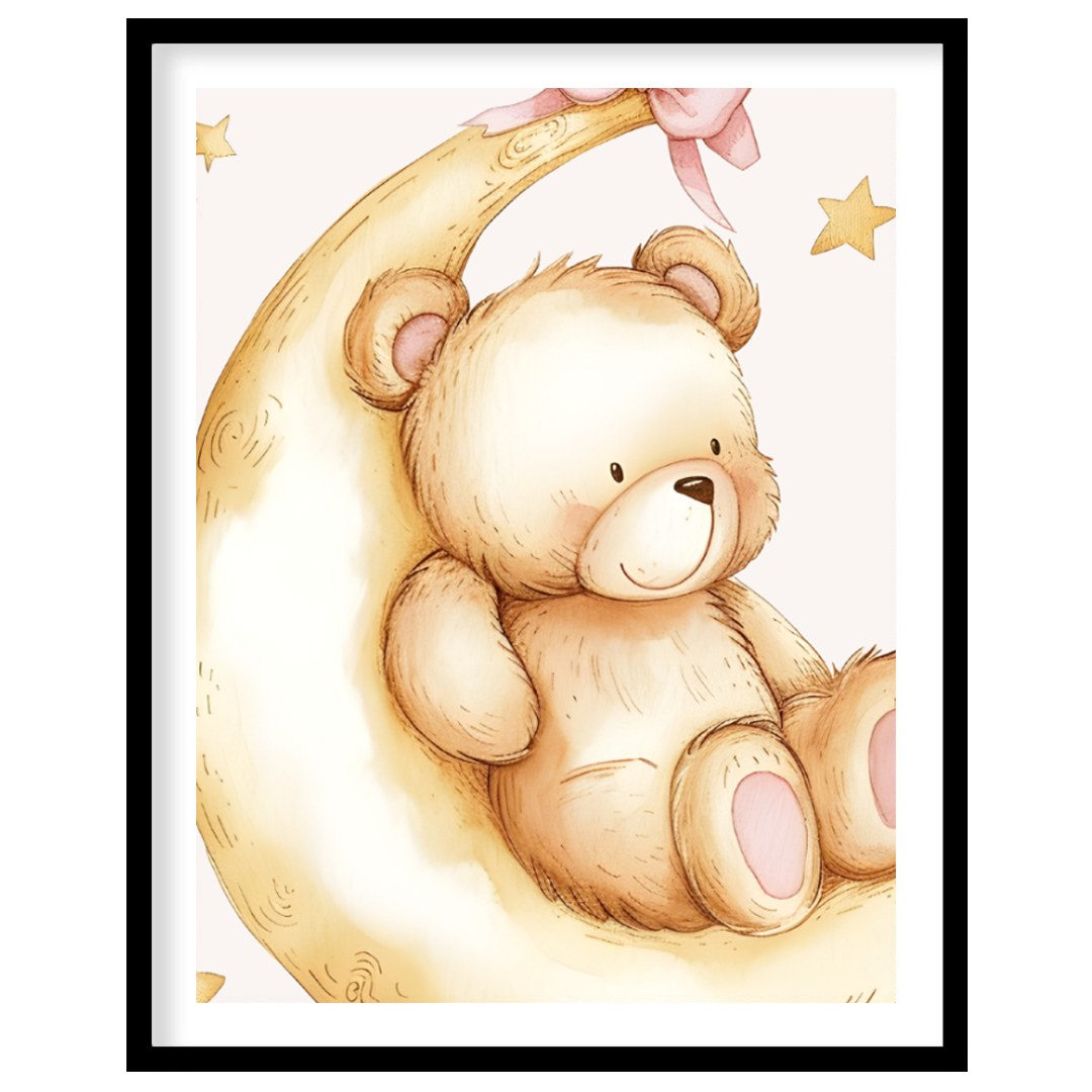 This soothing poster depicts a cuddly teddy bear seated peacefully on a soft yellow crescent moon, … for place