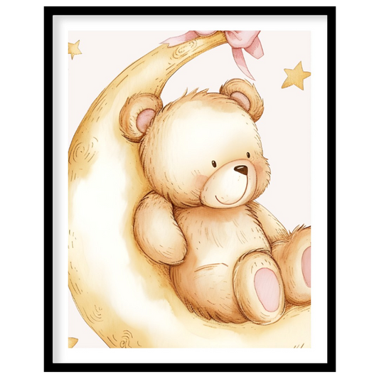 This soothing poster depicts a cuddly teddy bear seated peacefully on a soft yellow crescent moon, … for place