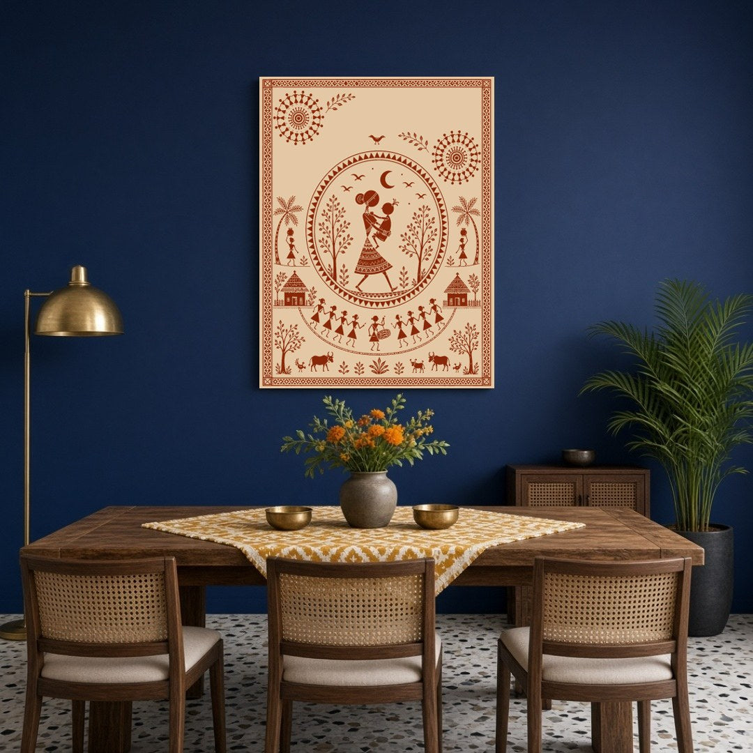 Explore the charm of traditional village life with this captivating Warli art print, featuring a for Dining