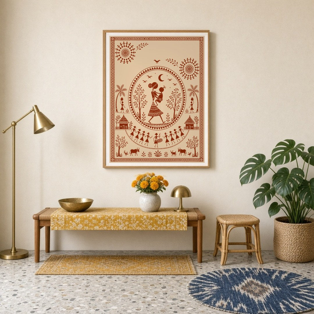 Explore the charm of traditional village life with this captivating Warli art print, featuring a for Entrance