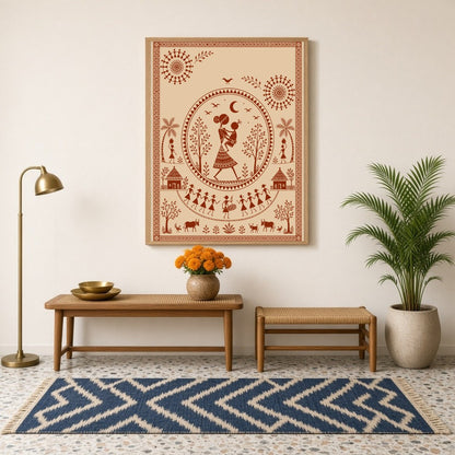 Explore the charm of traditional village life with this captivating Warli art print, featuring a for Hallway