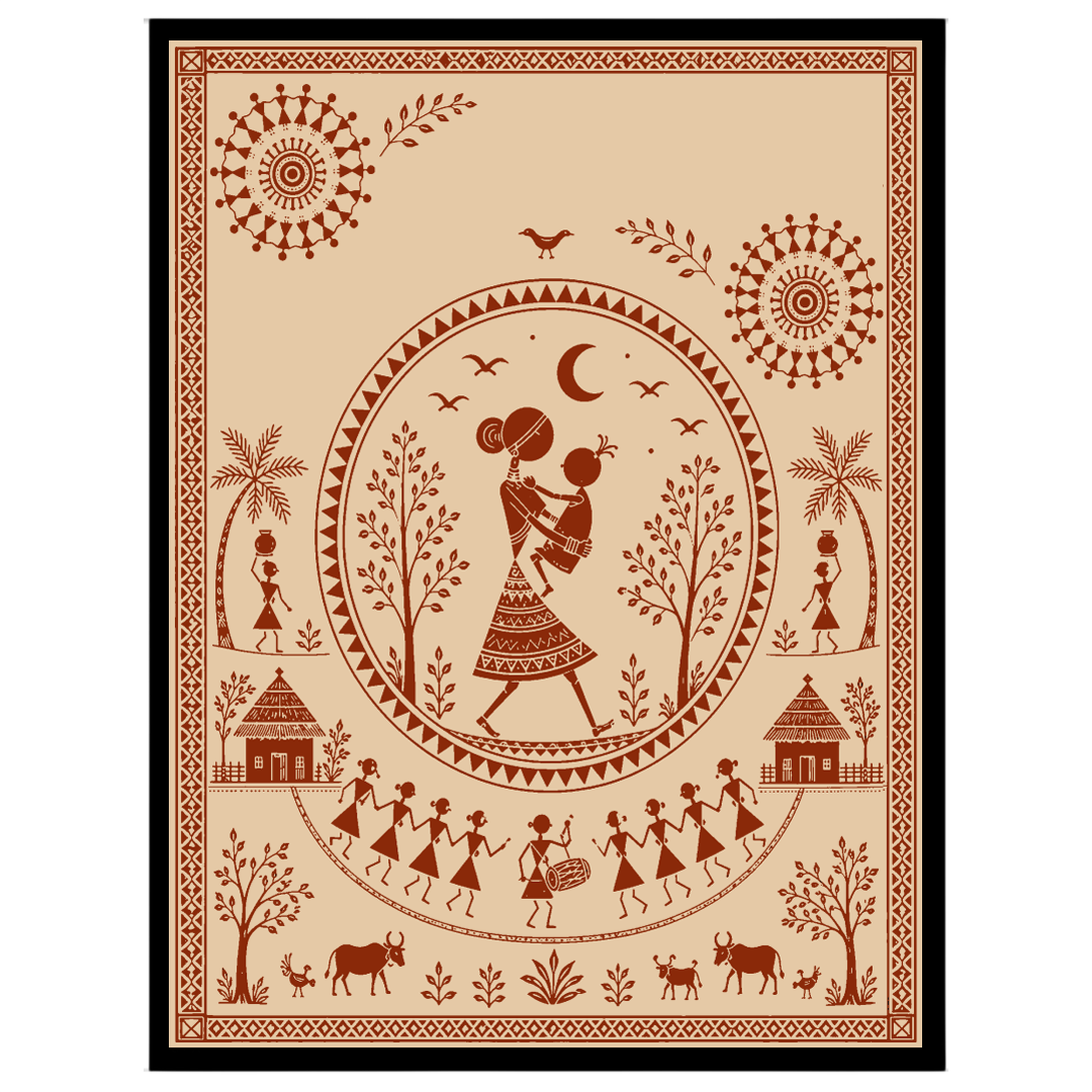 Explore the charm of traditional village life with this captivating Warli art print, featuring a for house
