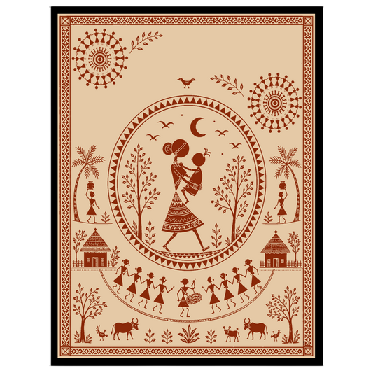 Explore the charm of traditional village life with this captivating Warli art print, featuring a for house
