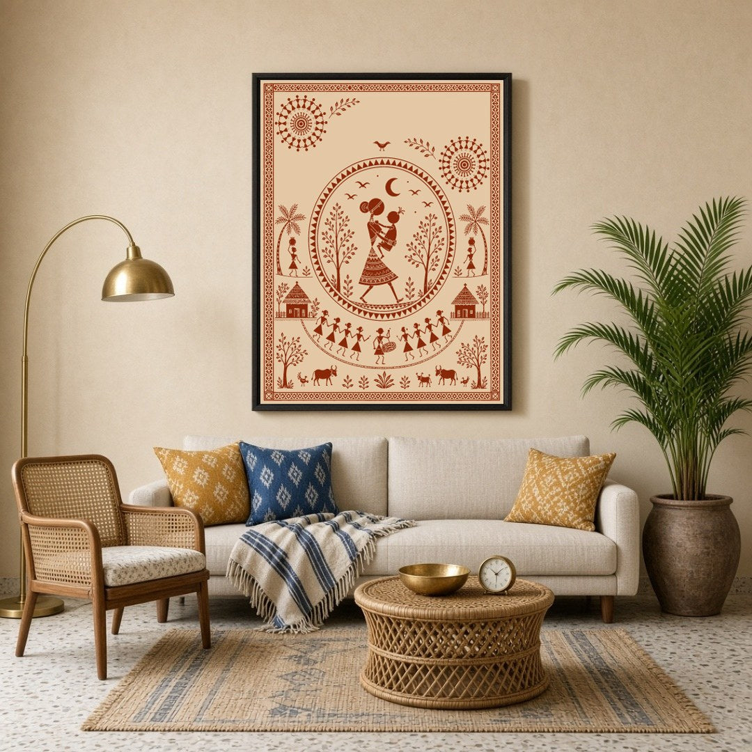 Explore the charm of traditional village life with this captivating Warli art print, featuring a for Living Room