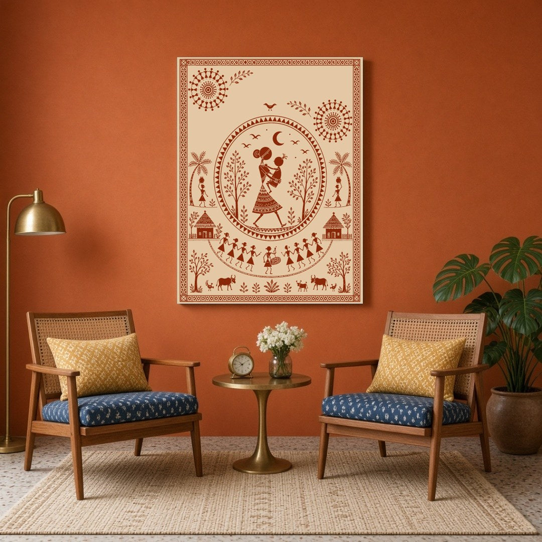 Explore the charm of traditional village life with this captivating Warli art print, featuring a for Sitting Area