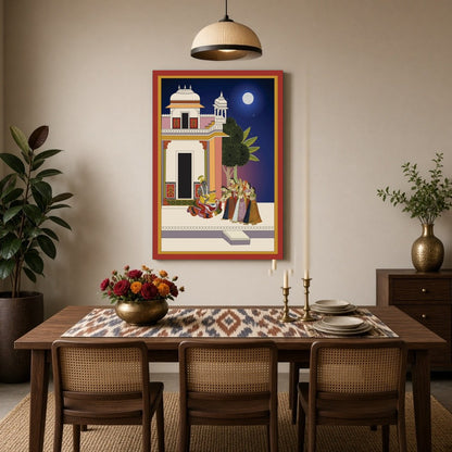 Immerse yourself in the serene beauty of 'Moonlit Devotion: Krishna and Gopis in Pichwai Harmony.' for Dining