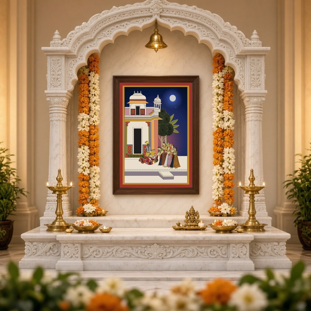 Immerse yourself in the serene beauty of 'Moonlit Devotion: Krishna and Gopis in Pichwai Harmony.' for Home Temple