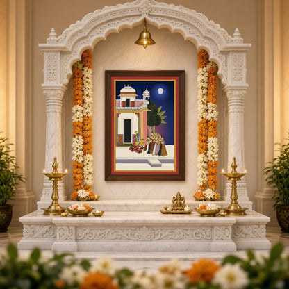 Immerse yourself in the serene beauty of 'Moonlit Devotion: Krishna and Gopis in Pichwai Harmony.' for Home Temple