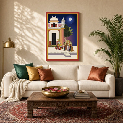Immerse yourself in the serene beauty of 'Moonlit Devotion: Krishna and Gopis in Pichwai Harmony.' for Living Room
