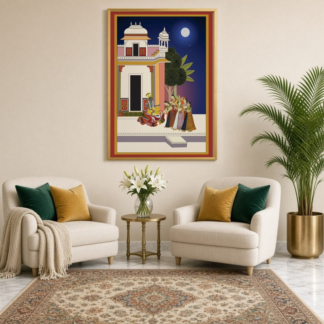 Immerse yourself in the serene beauty of 'Moonlit Devotion: Krishna and Gopis in Pichwai Harmony.' for Sitting Lounge