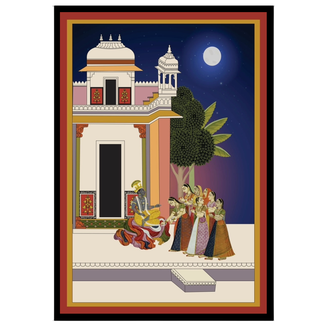 Immerse yourself in the serene beauty of 'Moonlit Devotion: Krishna and Gopis in Pichwai Harmony.' for space