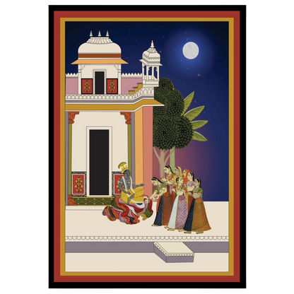 Immerse yourself in the serene beauty of 'Moonlit Devotion: Krishna and Gopis in Pichwai Harmony.' for space