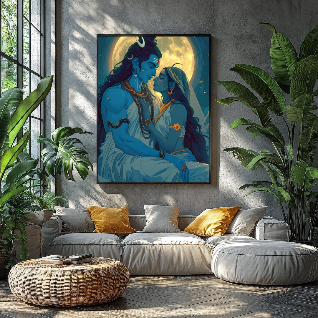 Immerse yourself in the celestial beauty of 'Moonlit Divine Embrace'. This artwork captures a for Balcony