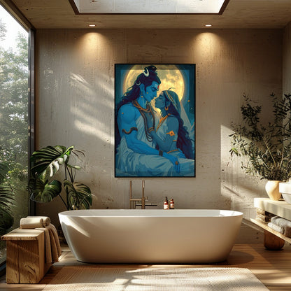 Immerse yourself in the celestial beauty of 'Moonlit Divine Embrace'. This artwork captures a for Bathroom