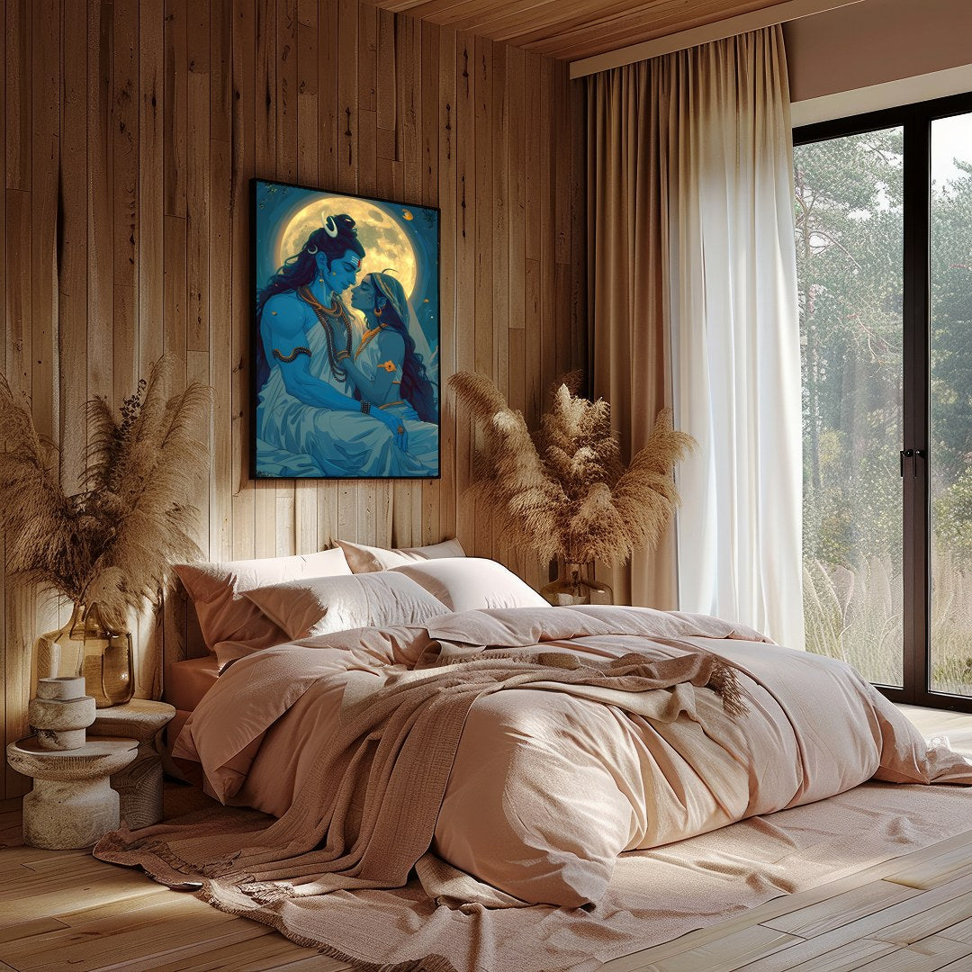 Immerse yourself in the celestial beauty of 'Moonlit Divine Embrace'. This artwork captures a for Bedroom