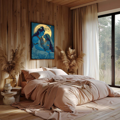 Immerse yourself in the celestial beauty of 'Moonlit Divine Embrace'. This artwork captures a for Bedroom