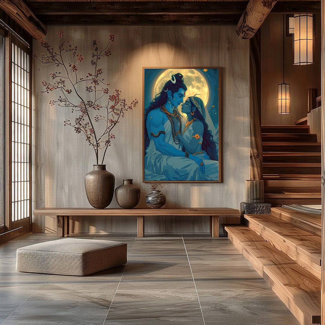 Immerse yourself in the celestial beauty of 'Moonlit Divine Embrace'. This artwork captures a for Hall
