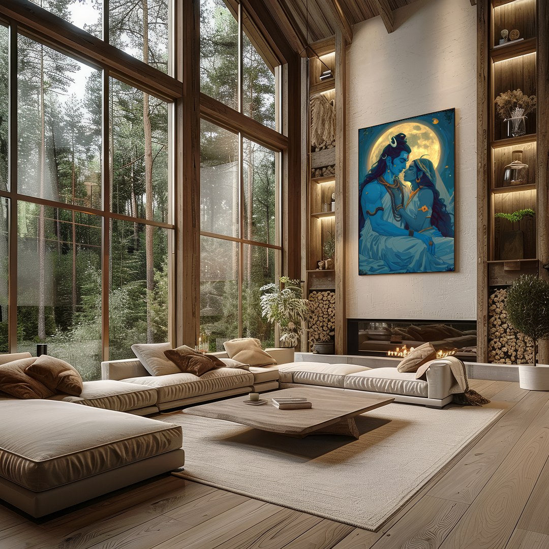 Immerse yourself in the celestial beauty of 'Moonlit Divine Embrace'. This artwork captures a for Living Room