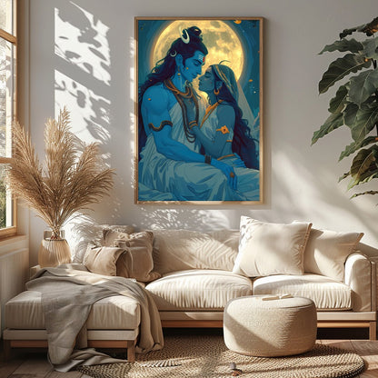 Immerse yourself in the celestial beauty of 'Moonlit Divine Embrace'. This artwork captures a for Sitting Area