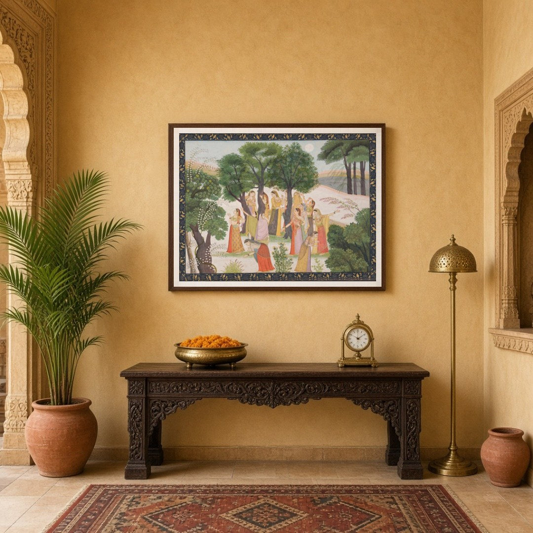 Step into the tranquil beauty of a moonlit garden where elegant court ladies grace the landscape for Entrance
