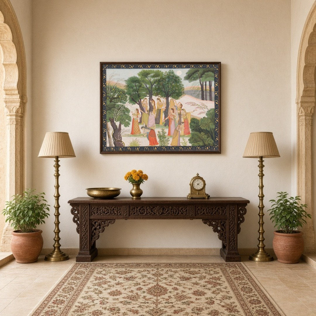 Step into the tranquil beauty of a moonlit garden where elegant court ladies grace the landscape for Hallway