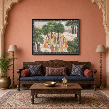 Step into the tranquil beauty of a moonlit garden where elegant court ladies grace the landscape for Living Room